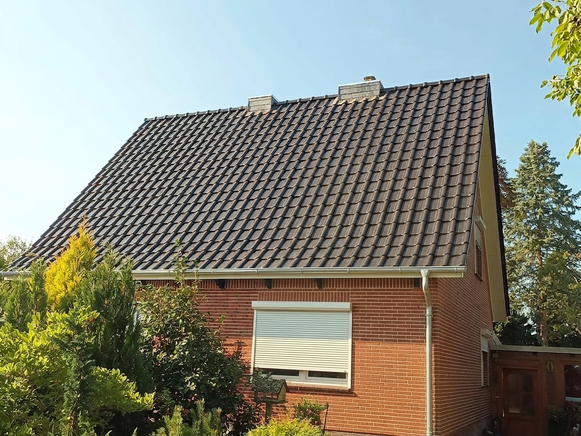 Gedecktes Satteldach eines Klinkerhauses mit zwei Schornsteinen